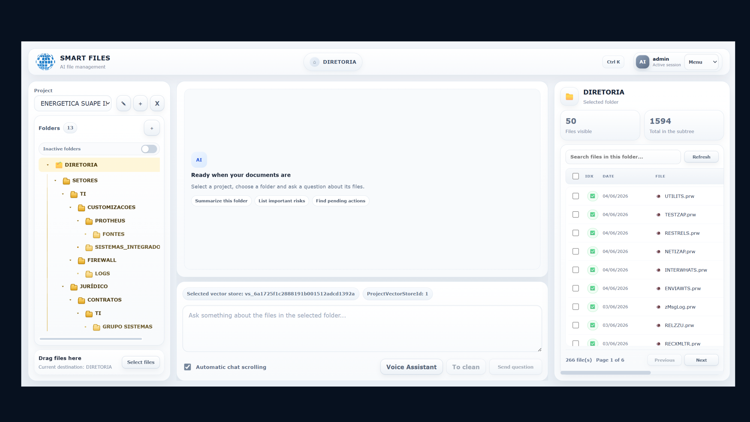 SmartFiles main screen with a folder tree, an AI conversation area and a file list.