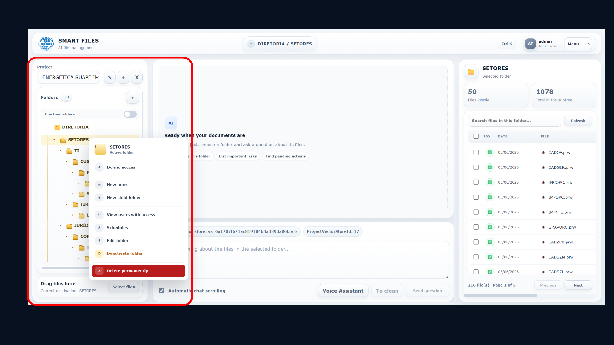 SmartFiles screen highlighting the folder hierarchy and menu for permissions, schedules, editing and access management.